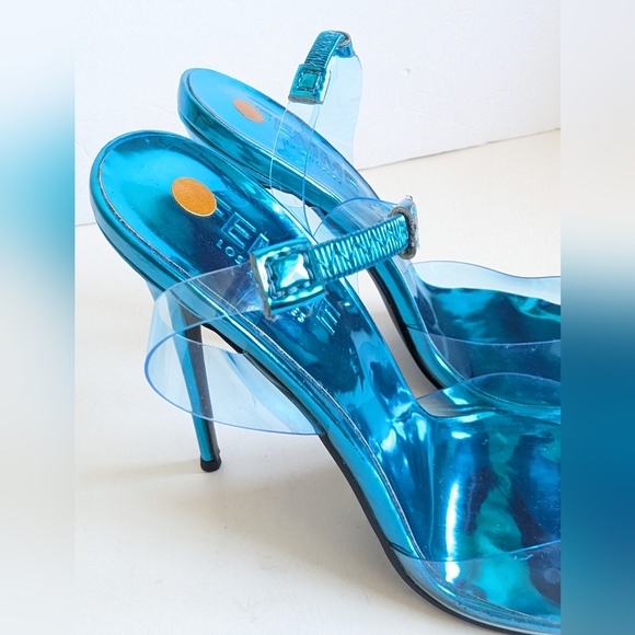 FEMME Los Angeles Transparent Blue PVC Ankle Strap Heels Pumps Sandal π - Picture 8 of 13